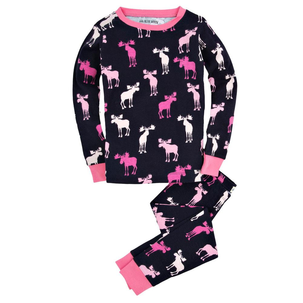 Pink And Navy Moose Girls Youth Pajama Set