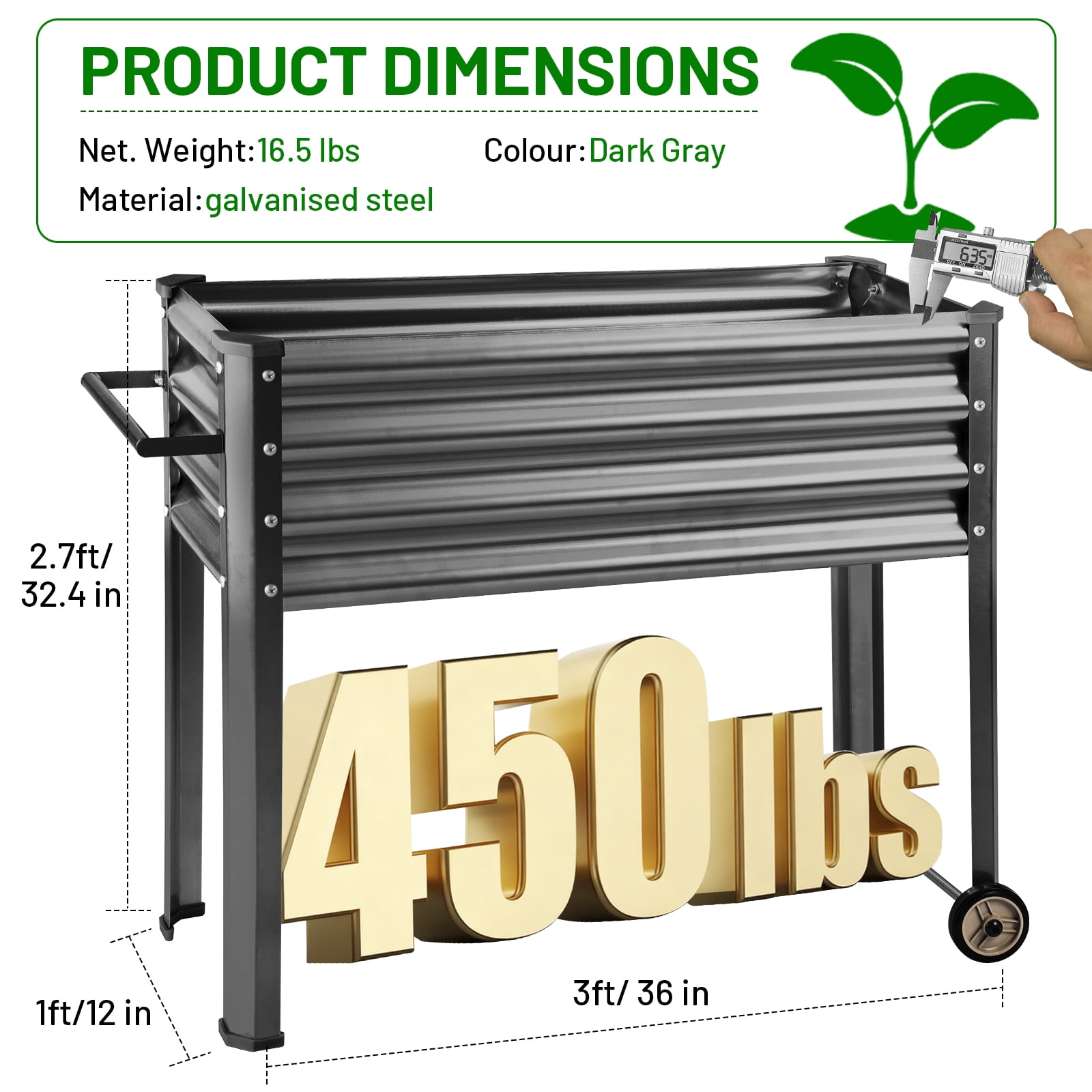 Land Guard Mobile Galvanized Raised Garden Bed with legs & Wheels, 36"Large Metal Elevated Raised Planter Box for Backyard, Patio, Balcony, 400lb Capacity(Deep Grey)