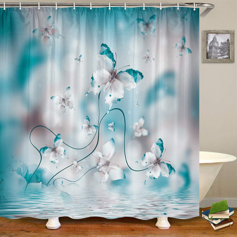 Teal Butterfly Shower Curtain, Butterfly in Spring with Irises Flowers Fabric Shower Curtain, Blue Floral Flower Polyester Fabric Waterproof Bathroom Curtains, 12 Hooks Included 69x70inches