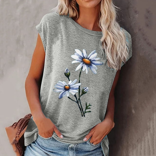 CHGBMOK Hauts Mignons Grande Taille pour Femmes Mode T-Shirts Imprimés Amples Col Rond Manches Courtes Décontractées Hauts d'Été Plage en Solde