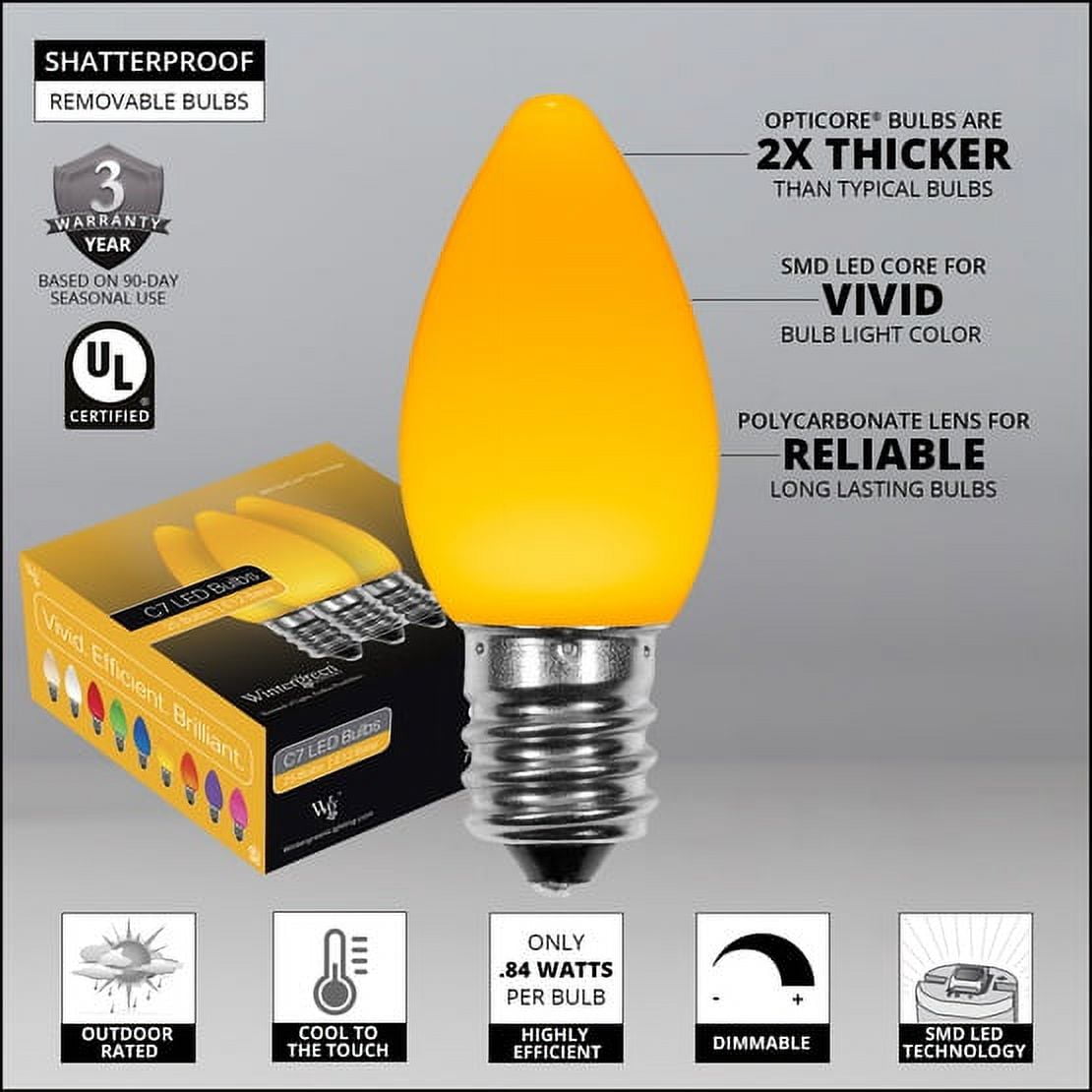 OptiCore C7 Opaque Ceramic Style Gold LED Christmas Lights Replacement Bulbs, Pack of 25, Shatterproof 0.84W, E12 Base