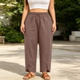 thumbnail image 2 of Women's Plus Size Linen Cotton Drawstring Elastic Waist Wide Leg Pants with Pockets, Mid Waisted Loose Fit Stretchy Comfy, Casual Summer Beach Lounge | VerBelle,Brown L, 2 of 8