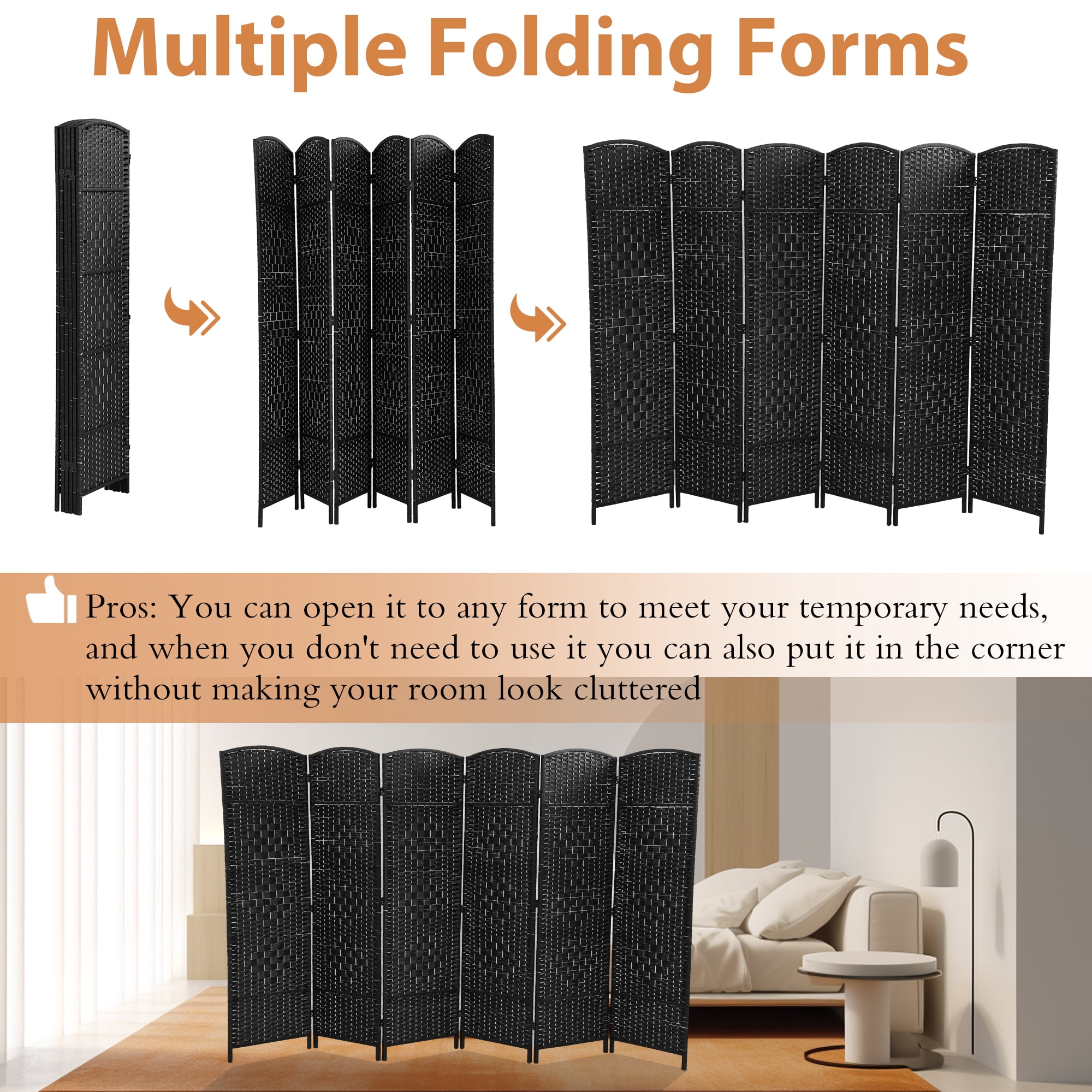 CL.HPAHKL 6 Panel Room Divider, Partition Wall Divider with Double Hinged Panels 6 ft Tall Folding Privacy Screen Indoor Partitions and Dividers Freestanding for Living Room Bedroom Study, Black
