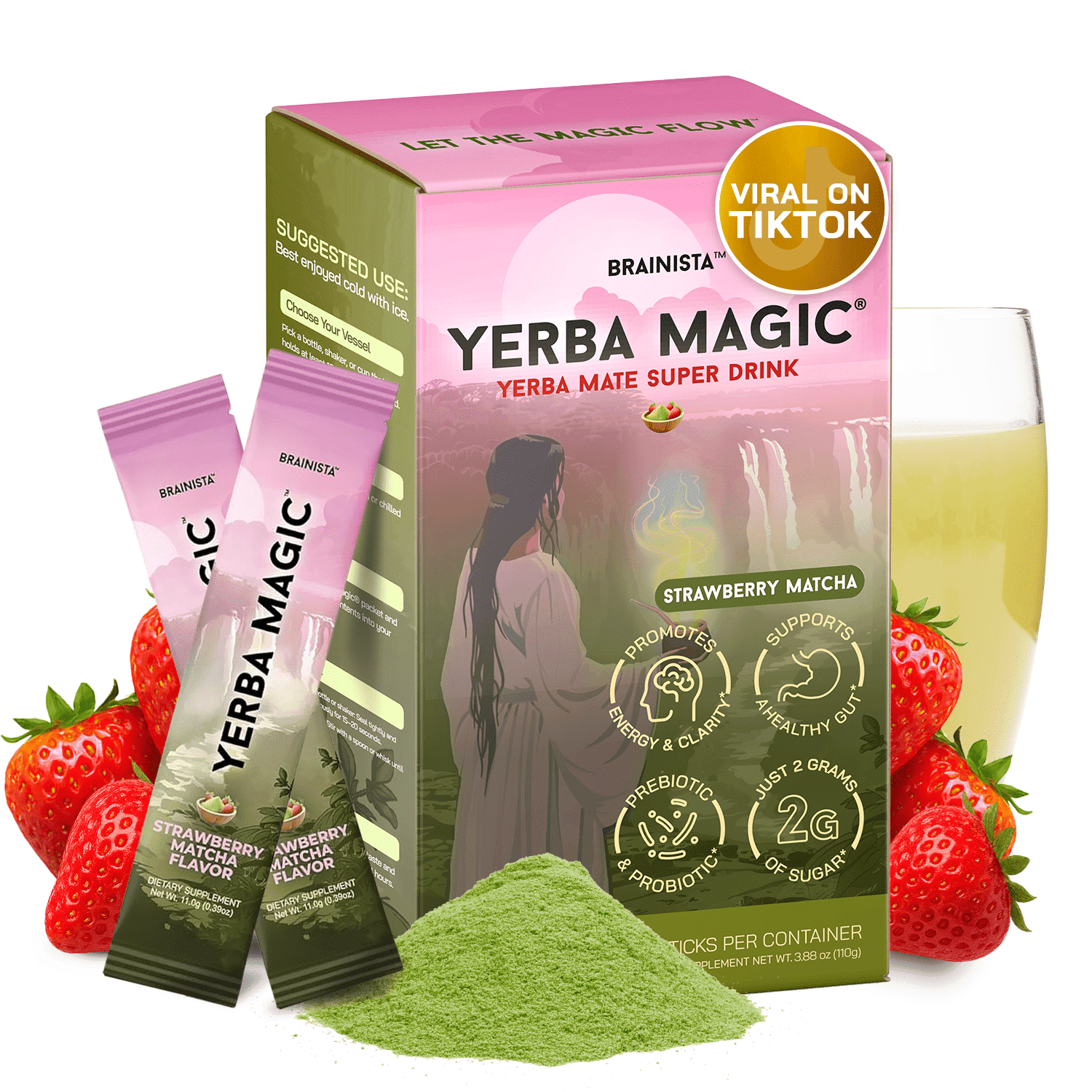 Brainista Yerba Magic – Yerba Mate Instant Tea Powder | Strawberry Matcha Flavor - 10 Servings