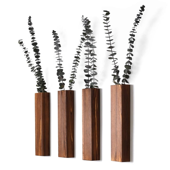 Wooden Wall Planter Set of 4 - Modern Home Decor for Living Room, Bedroom, Bathroom - Walnut Finish Planter for Dried Flowers, Faux Greenery, Indoor Plants