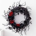 thumbnail image 1 of Corona de Halloween negra para puerta con corona de rosas rojas para puerta de entrada Corona negra para decoración gótica de Halloween para el hogar, 1 of 8