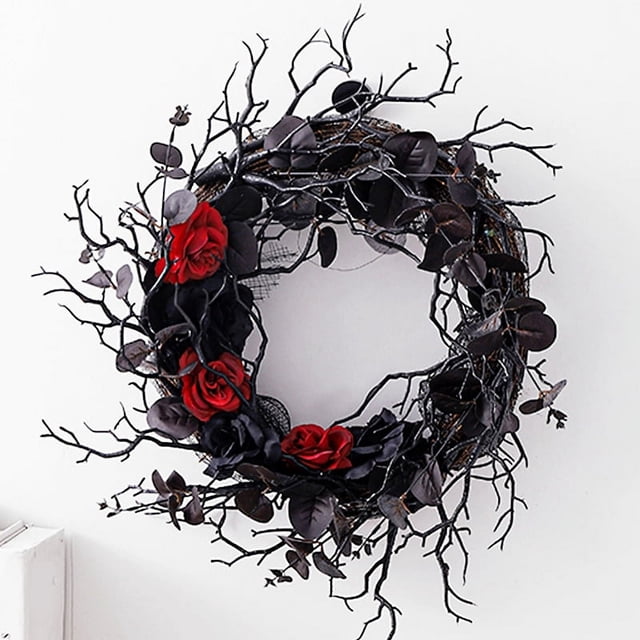 Corona de Halloween negra para puerta con corona de rosas rojas para puerta de entrada Corona negra para decoración gótica de Halloween para el hogar