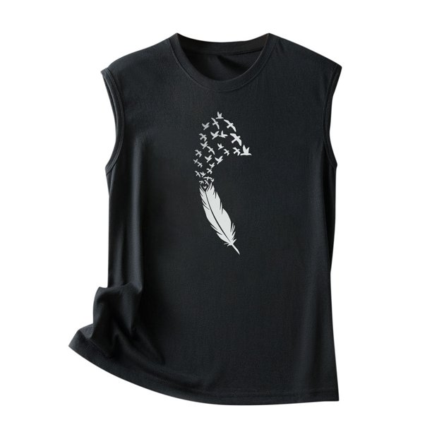 Gibobby Mujeres Verano Sin Mangas Cuello Redondo Pluma Impresión Tank Tops Casual Camisetas Blusa Top(Negro,XG)