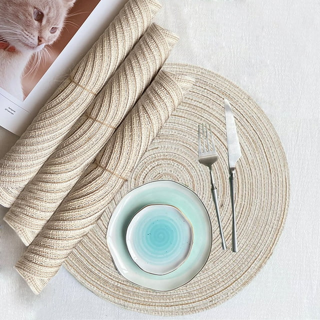 Juego de 4 manteles individuales redondos de tejido | Manteles individuales de lino y algodón de 38 cm | Colores beige, azul y café | Resistentes al calor y antideslizantes para decorar la mesa del
