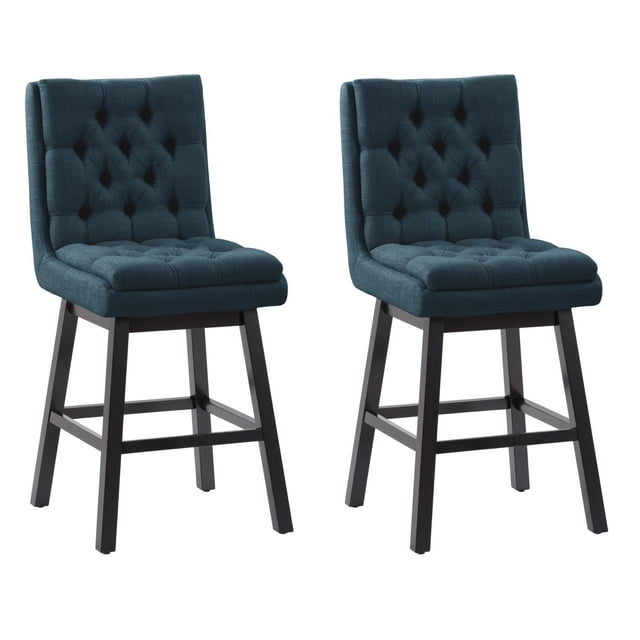 Set of two CorLiving Leilani modern tufted indoor counter height bar stools with blue fabric backs and seats, supported by dark wood legs.