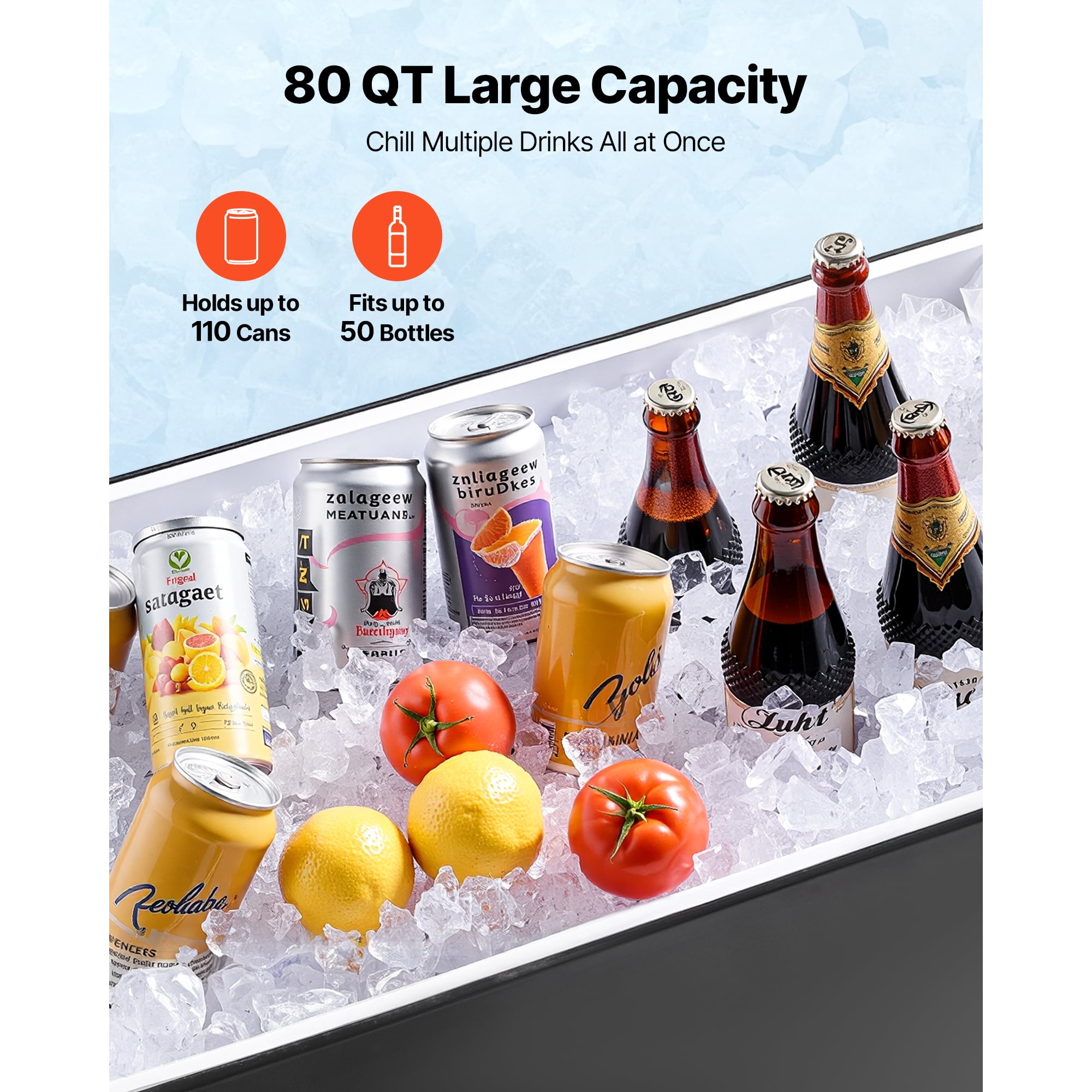 KFFKFF 80 Quart Rolling Ice Chest Cart with Adjustable Pull Handle and Swivel Casters, Portable Beverage Cooler for Outdoor Events, Patio, Beach, or Party Use, Black