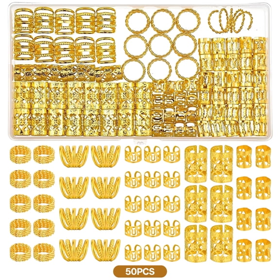 DESIGNICE Hair Braid Rings Hair Cuffs Set,Alloy Hair Jewelry for Braids,Exquisite Openwork Dreadlock Accessories,Dreadlock Ring,Gold Hair Cuffs for Woman and Man,50Pcs