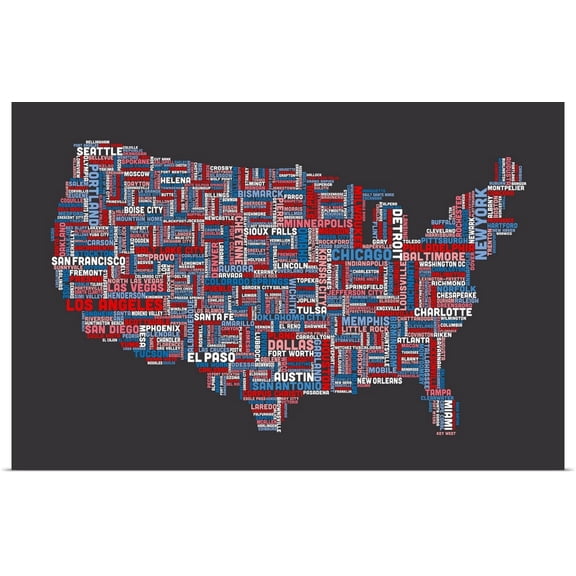 Great BIG Canvas | Rolled Michael Tompsett Poster Print entitled United States Cities Text Map, US Colors on Grey