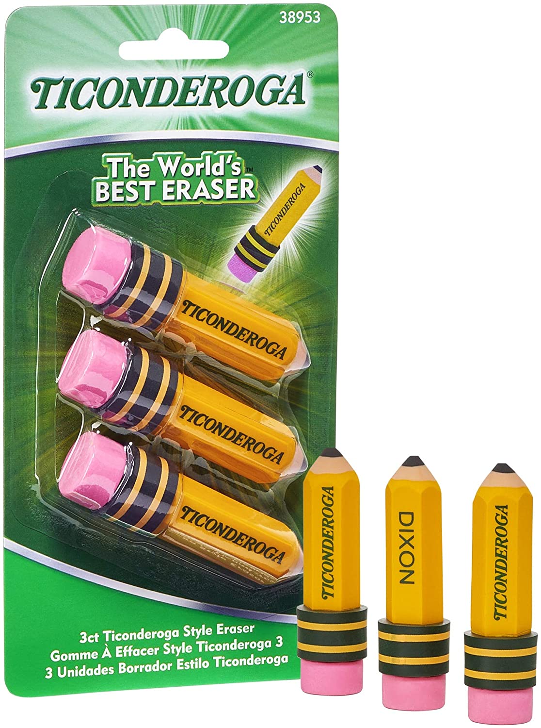 Ticonderoga Pencil-Shaped Erasers, Latex-Free, 3-Pack (38953), Yellow ...