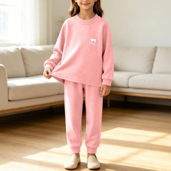 FSYBOA Girls Outfit Set Size 7, Fleece-lined Casual 2 Piece Crew Neck Tops and Pants Pink