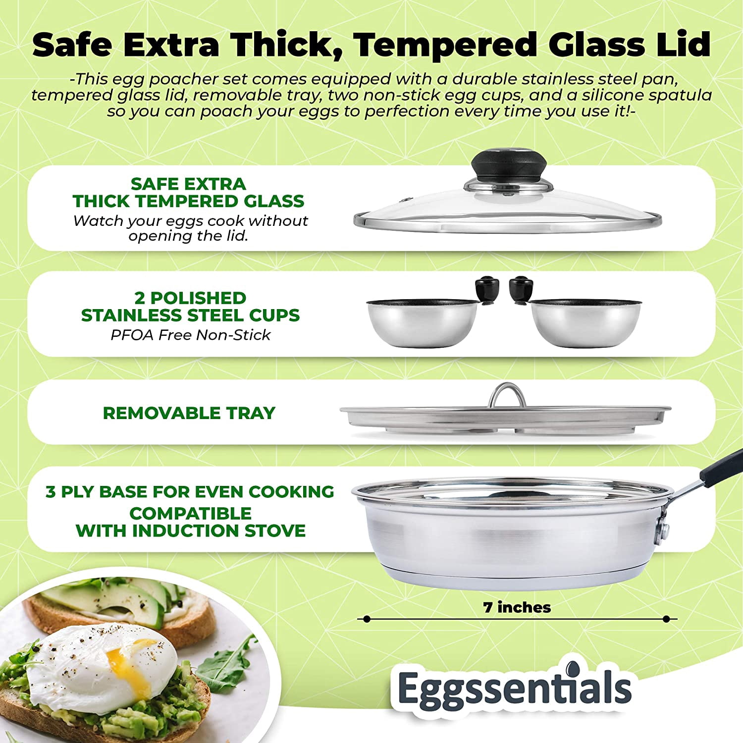 Egg Poacher Pan with Batter Dispenser - Nonstick Stainless Steel Cooker for Perfect Poached Eggs and Pancakes