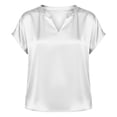 thumbnail image 5 of ClodeEU Women's Elegant V Neck Short Sleeve Satin Blouse ,Casual Loose Fit Silk Office Top White,Women's Plus M, 5 of 9