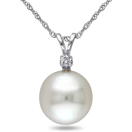 Miabella 9-10mm White Round South Sea Pearl and Diamond-Accent 14kt White Gold Fashion Pendant, 17