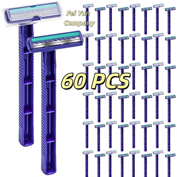 Twin Blade Disposable Razors for Men & Women – Bulk 60 Pack Stainless Steel Shavers with Lubricating Strip, Safety Cap & Non-Slip Handle for Sensitive Skin, Travel, Hotel, Charity – Blue