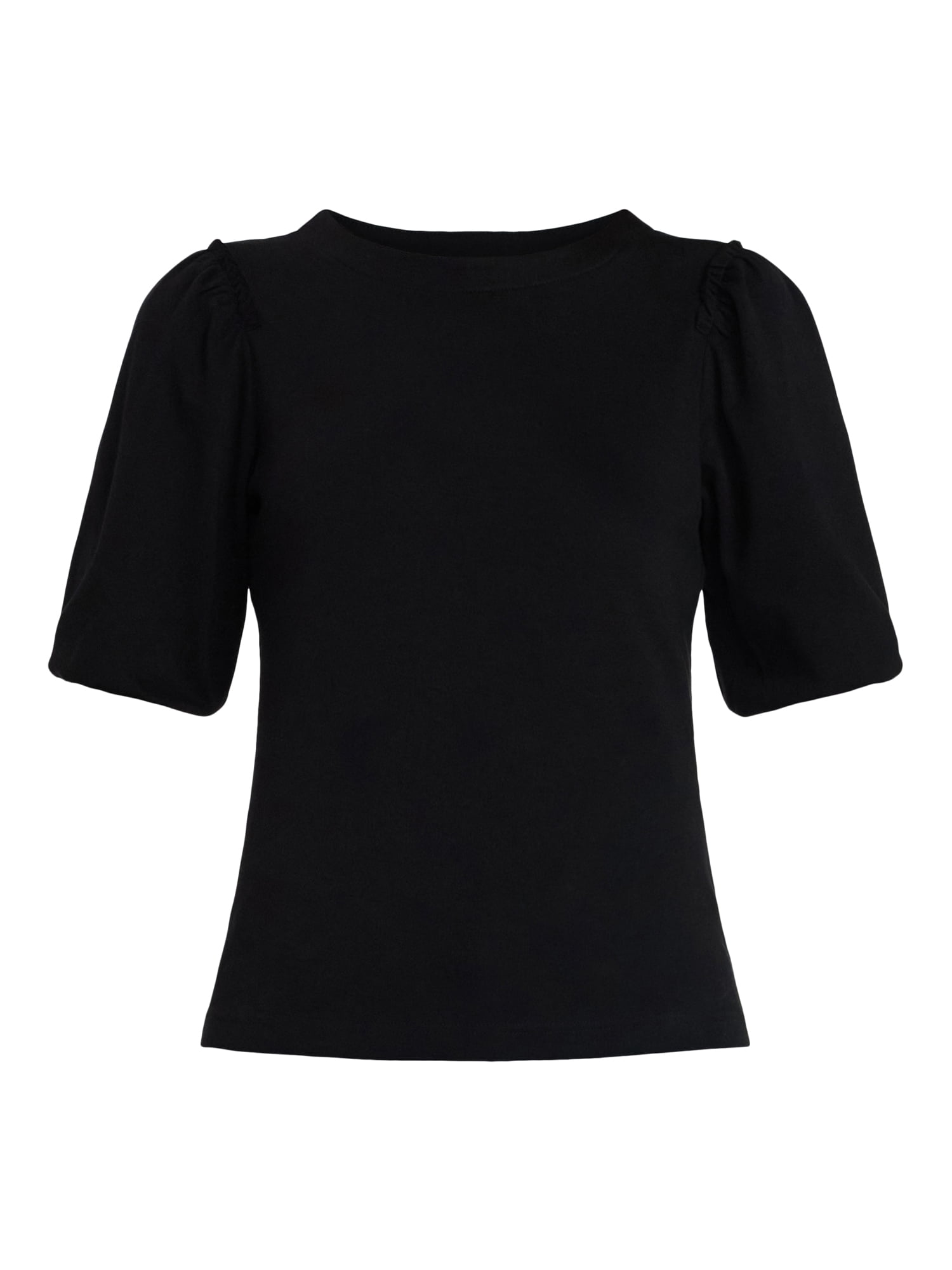 Time and Tru Women's Cotton Crewneck Tee with Puff Sleeves, Sizes XS-XXXL