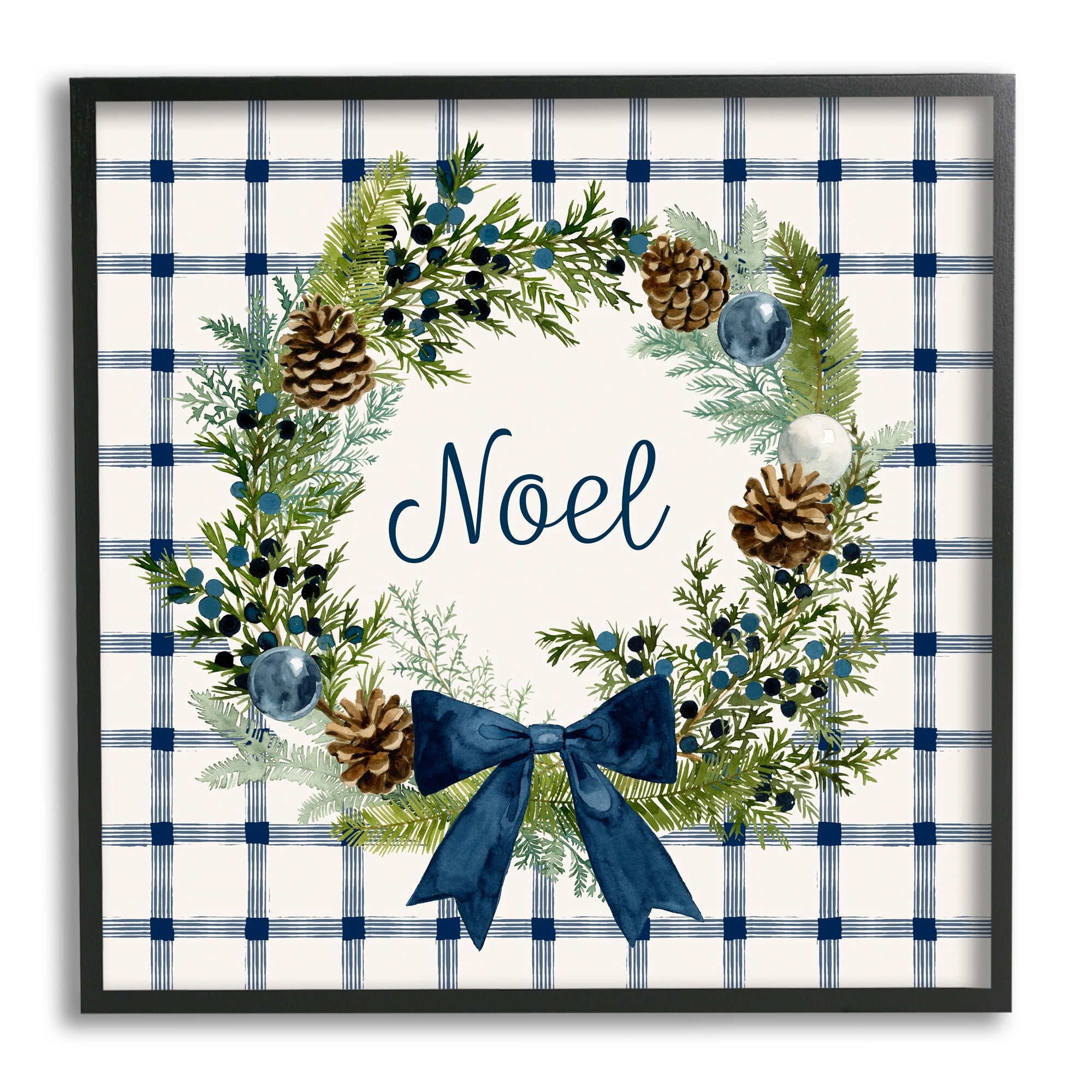 Stupell Industries Winter Noel Sentiment Pinecone Wreath Blue Plaid Graphic Art Gray Framed Art Print Wall Art, 12x12, by Victoria Barnes