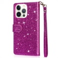 thumbnail image 6 of DeCase Fashionable for iPhone 15 Plus Wallet Case, Glitter Bling Sparkle Leather Folio, Zipper Pocket, Magnet Clasp, 3 Card Holders, Strap & Stand for iPhone 15 Plus, Purple, 6 of 7