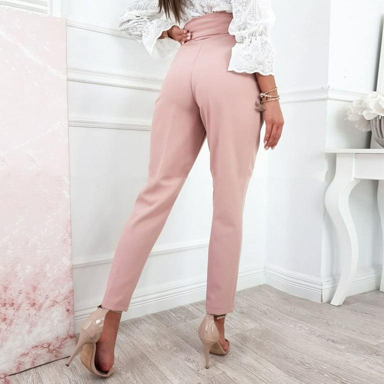 Puawkoer Women Solid Color Casual Pants Wild Card Button Decoration Formal  Pants Waist Straight Pants Clothing Shoes & Accessories L Pink