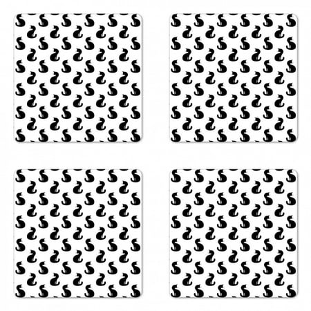 

Cat Coaster Set of 4 Silhouette of a Kitten Monochrome Feline Pattern House Pet Illustration Halloween Square Hardboard Gloss Coasters Standard Size Black White by Ambesonne