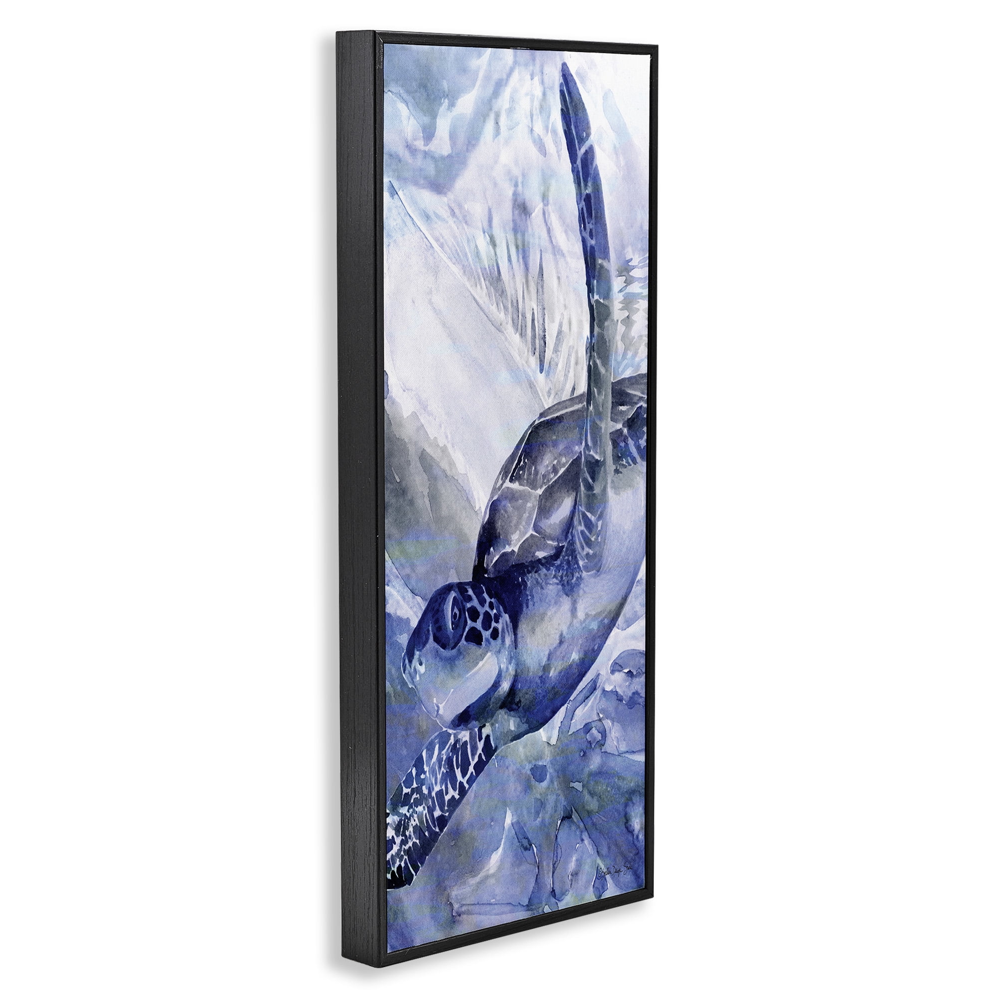 Stupell Industries Sea Turtle Swimming In Ocean Animals & Insects Painting Black Framed Art Print Wall Art, 13 x 30