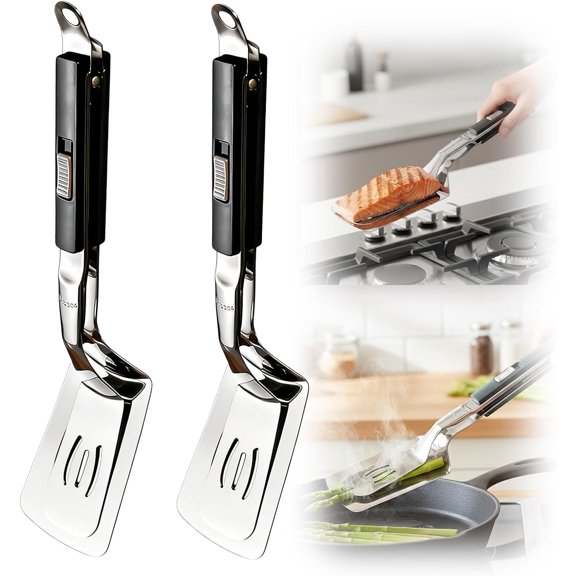 2026 New Stainless Steel Grill Clamp, Anti-Scald Extended Handle Spatula Tong, Multi-Functional Stainless Steel Barbecue Food Flip Clip Grill Clamp for Outdoor Grilling and Kitchen Cooking(Black*2)