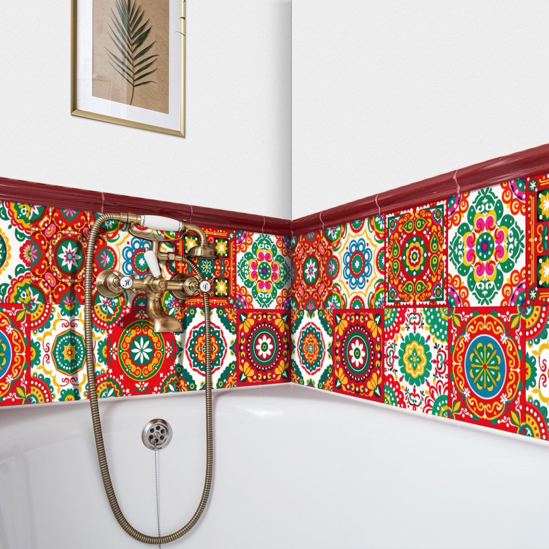 24 Piece Self Adhesive Tiles Stickers Kitchen Backsplash 8" x 8" Red Green Flowers Pattern Wall Decals DIY Peel and Stick Waterproof Tile