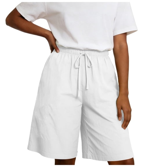 Rotm Womens Shorts Dressy Casual Shorts for Women Trendy Summer 2026 Casual Beach Cotton Linen Drawstring Elastic Waist Plus Size Shorts Pockets White,XL