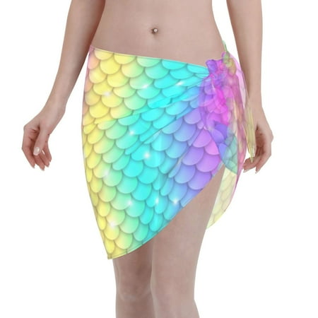 Qekee Rainbow Scales2 Women s Short Sarongs Cover Ups Sheer Bikini Wraps for Swimwear
