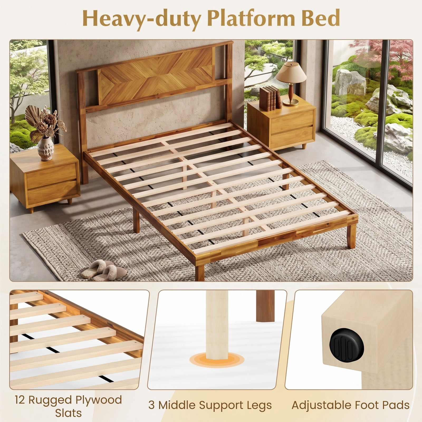 Furnibear Queen Bed Frame Acacia Wood Platform Bed Frame with Mid-Century Headboard, Queen Bed Frame with Headboard No Box Spring, Rustic Golden Brown