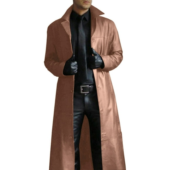 Men Long Leather Coat Duster Solid Color lapel Winter Coat Windbreak Full Length Trench Coat Khaki