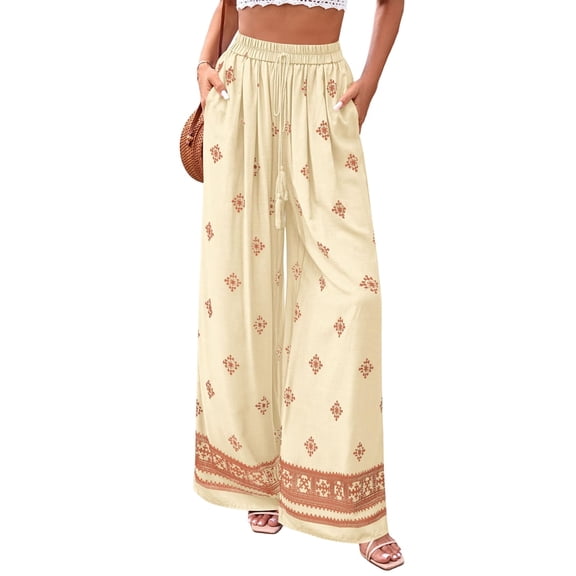 Women'S Wide Leg Palazzo Pants Boho Floral Trousers Flowy Beach Vacation Clothes Resort Wear Light Brown L