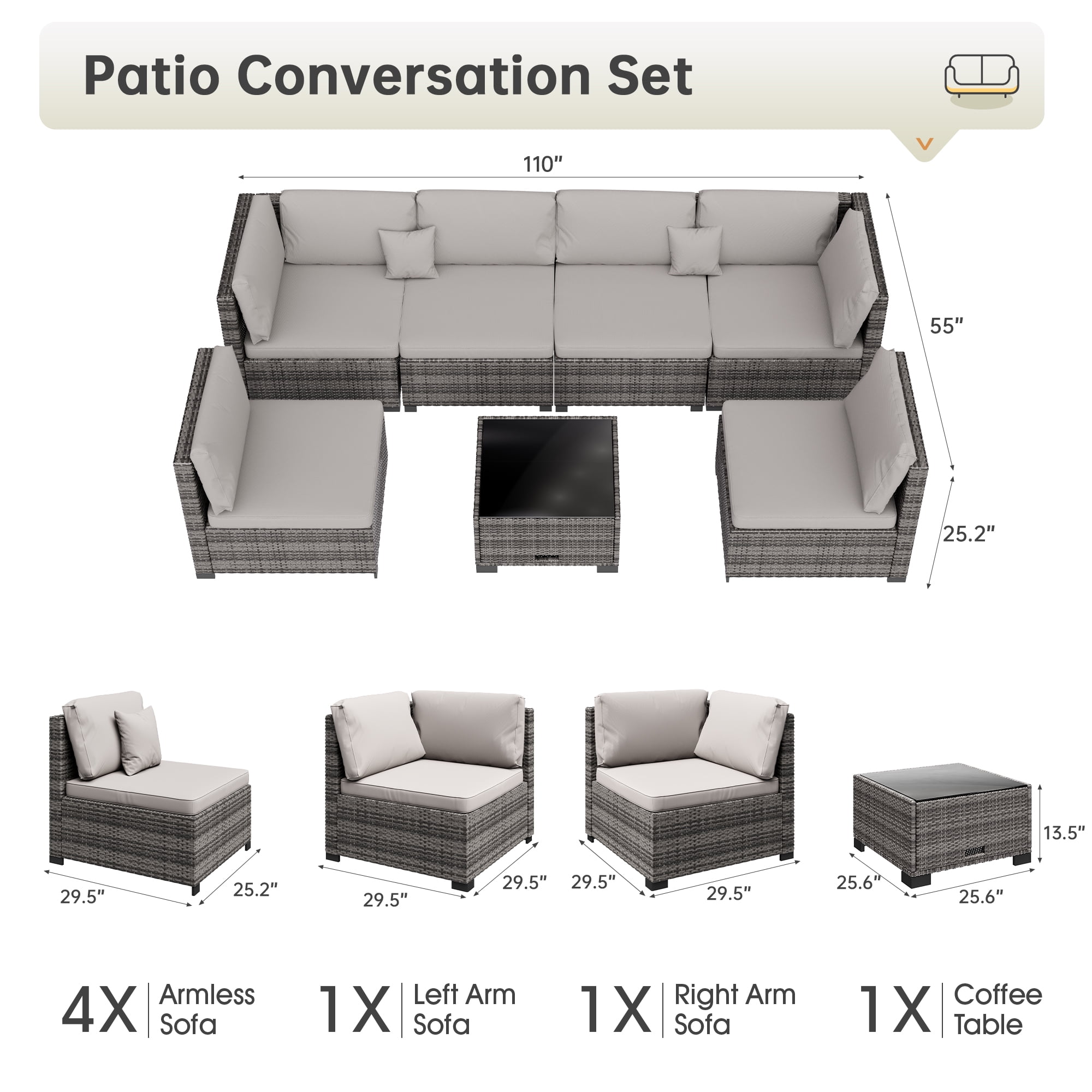 Bifanuo 7 Piece Patio Furniture Set, Outdoor Furniture Patio Sectional Sofa, All Weather PE Rattan Outdoor Sectional with Cushion and Coffee Table.