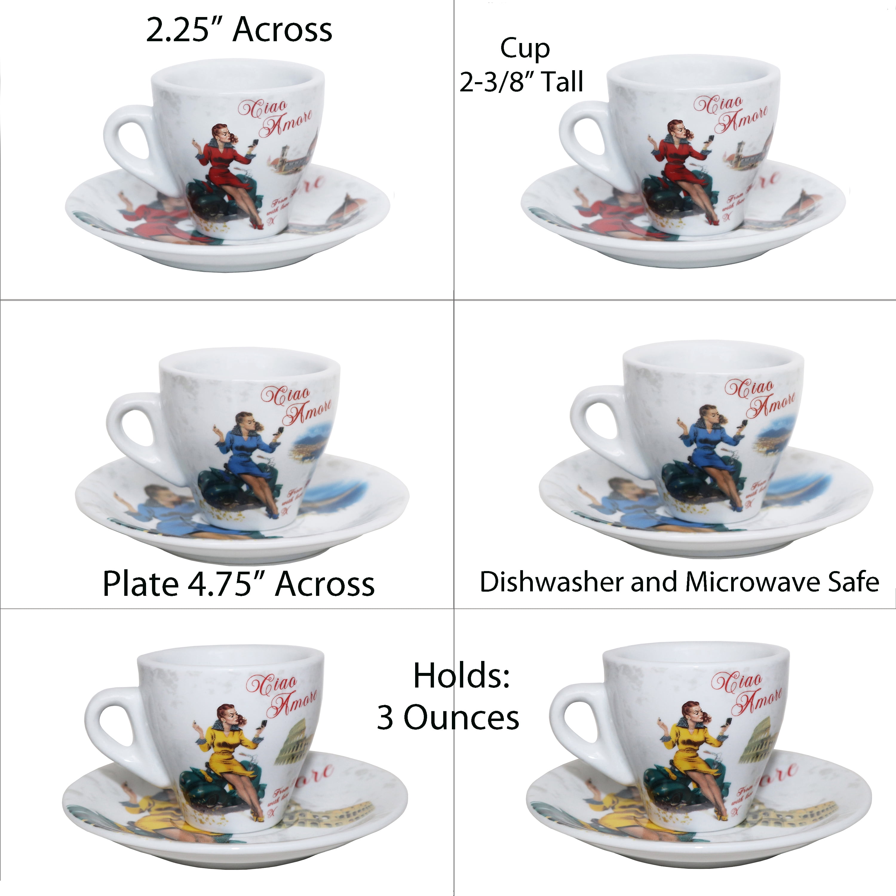 Lorren Home Espresso 3-ounce Ciao Amore Vespa Woman Red, Blue, Yellow Porcelain Cup & Saucer Set of 6