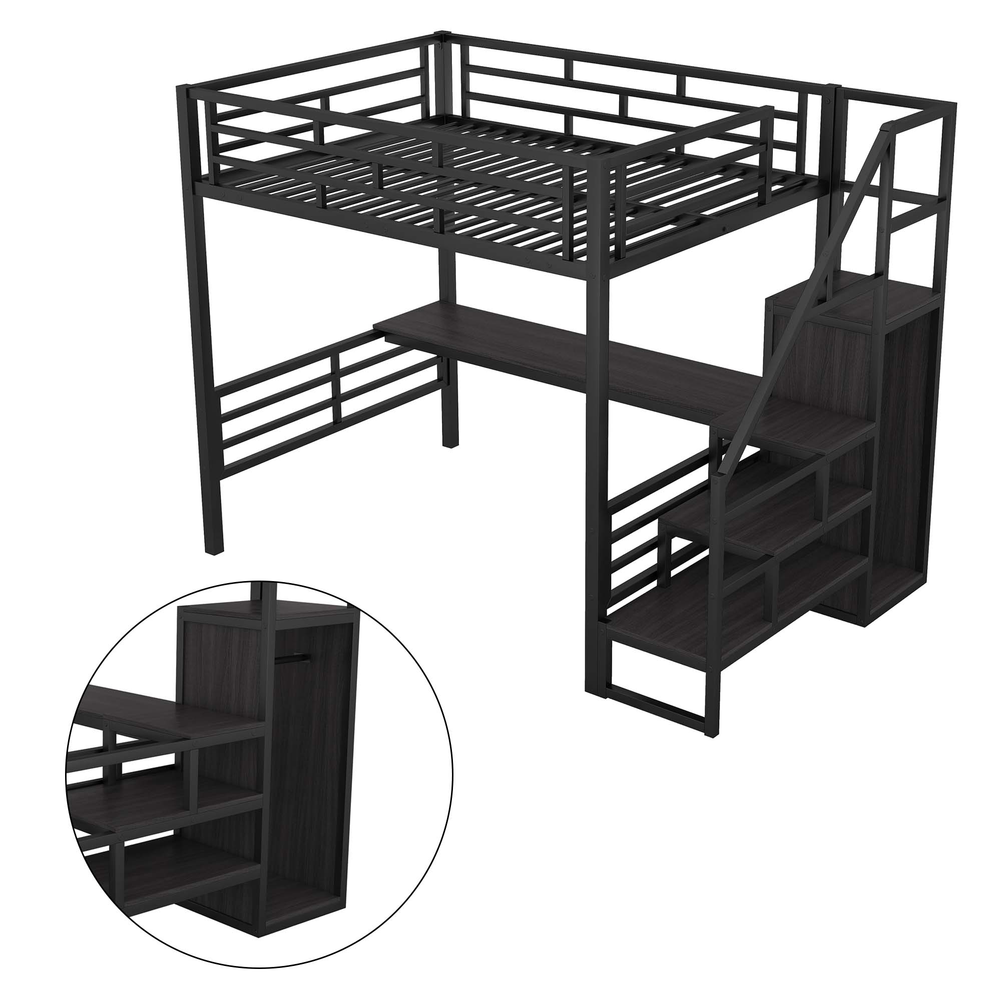 Aukfa Full Size Metal Loft Bed with Desk and Wardrobe, Staircase Loft Bed for Kids Teens - Black