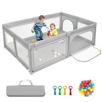 Gymax Baby Playpen Extra-Large Safety Baby Fence w/ Ocean Balls & Rings Light Grey