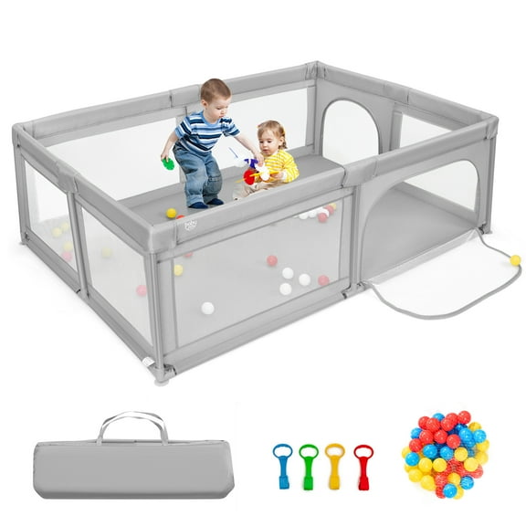 Gymax Baby Playpen Extra-Large Safety Baby Fence w/ Ocean Balls & Rings Light Grey