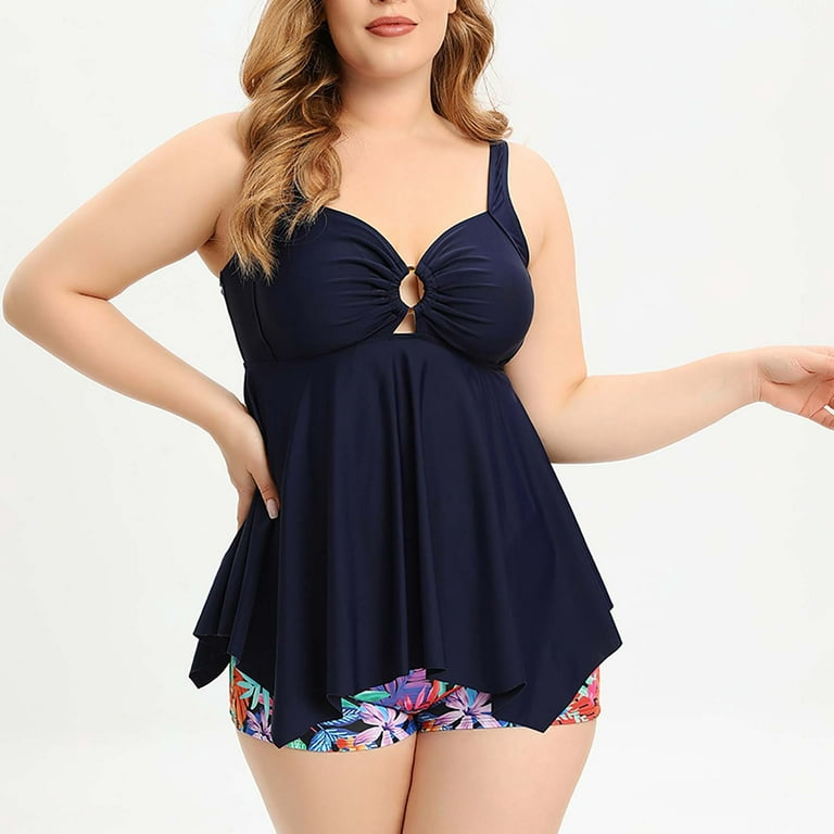 Finelylove 2 Piece Swimsuit For Women Tummy Concealing Sport Bra Style  Bikini Blue XXL 