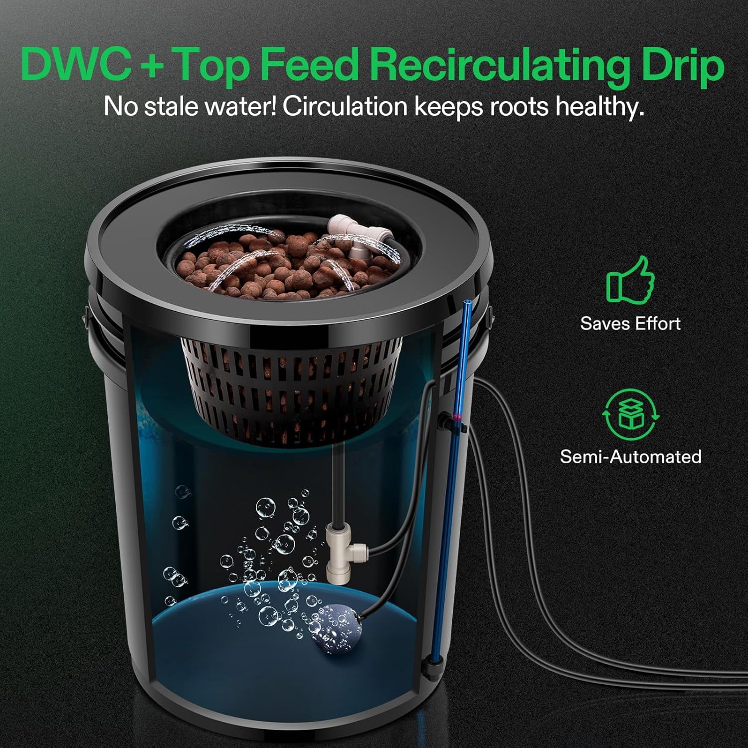 VIVOSUN DWC Hydroponics Grow System with Top Drip Kit, 5-Gallon Deep Water Culture, Recirculating Drip Garden System with Multi-Purpose Air Hose, Air Pump, and Air Stone (2 Buckets + Top Drip Kit)