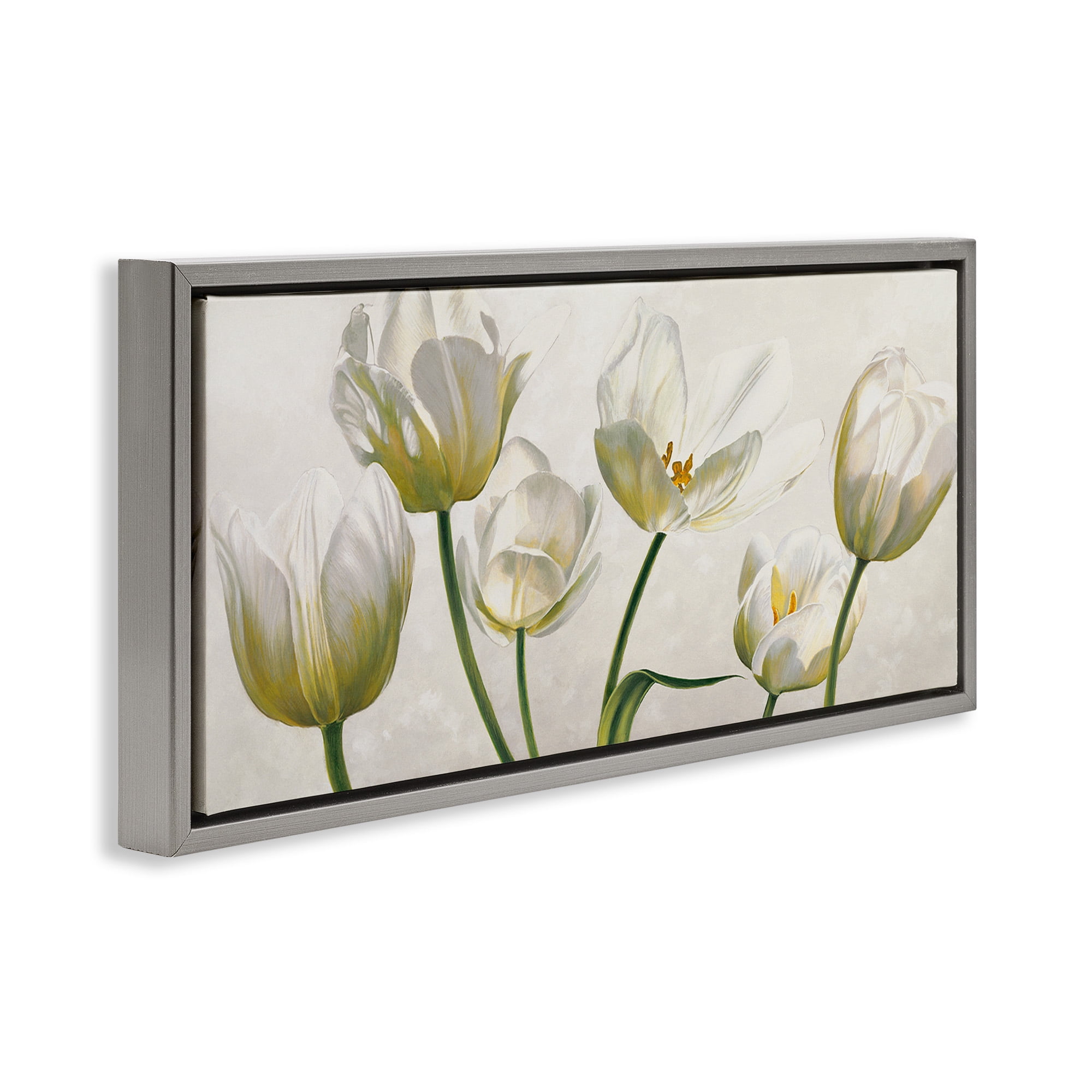 Stupell Industries Soft White Blooming Tulips Botanical & Floral Painting Gray Floater Framed Canvas Art Print Wall Art, 31 x 14