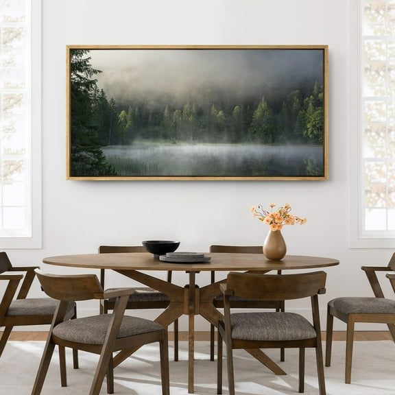 IDEA4WALL Extra Large Framed Canvas Print Wall Art Mystic Forest Mist by a Lake Fine Art Spring View in Green Hues Wall Decor Oversized Artwork Relax/Calm for Rooms - 60"x30"