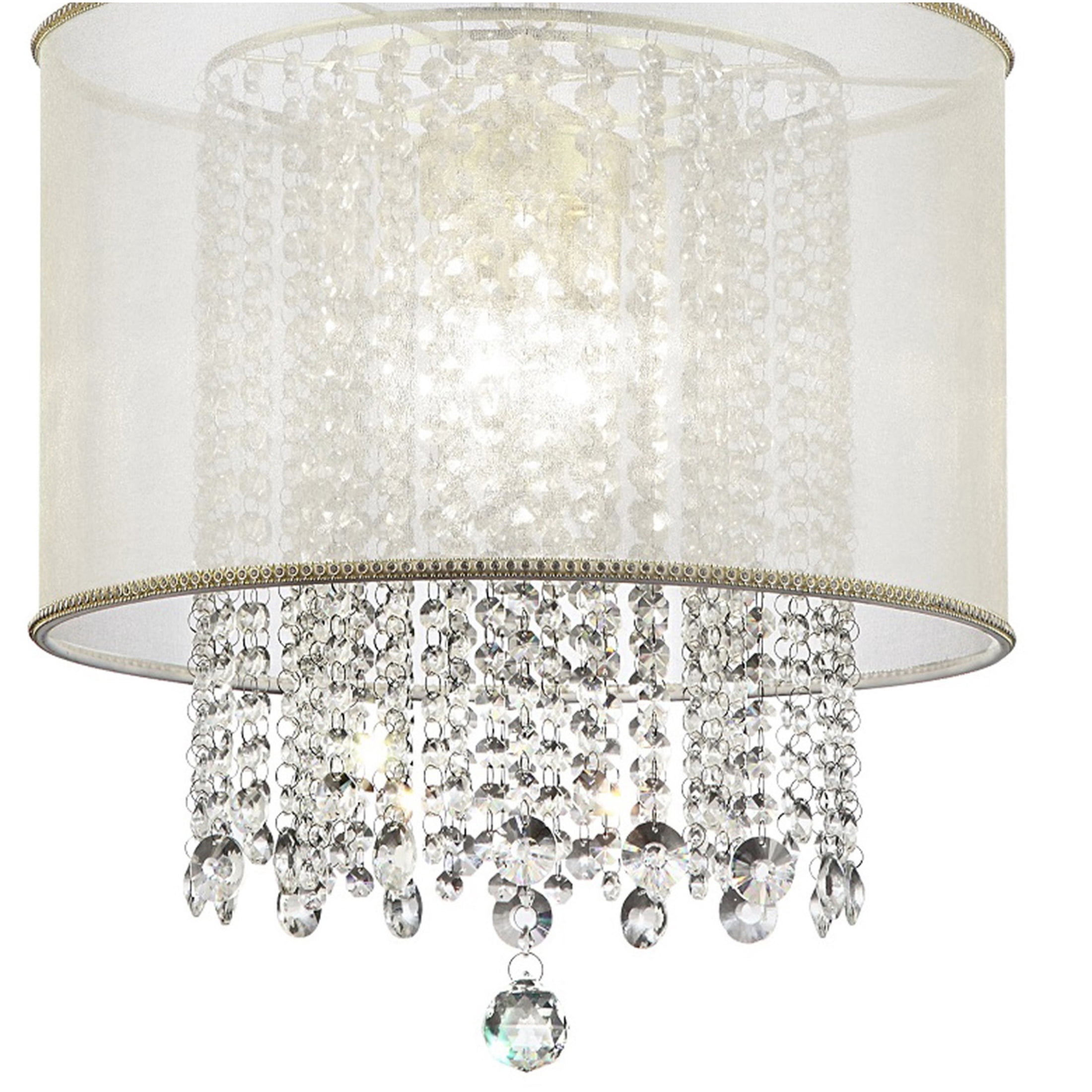 JERFIT Gold Crystal Ceiling Lamp with White Silk Shade, Modern Chandelier Light Fixture for Dining Room, Bedroom, Foyer