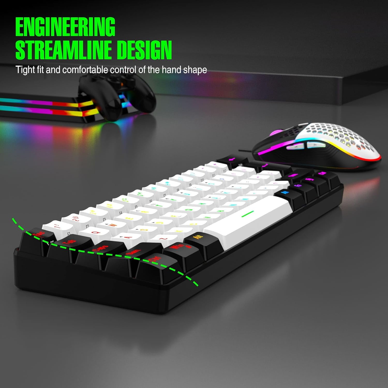 60% Wired RGB Gaming Keyboard and Mouse Combo, 14 Mode of Backlight, 6400 DPI Gaming Mouse, Mini Keyboard with Membrane Switch Comfort Use Budget Typing for PC Computer Laptop (White)