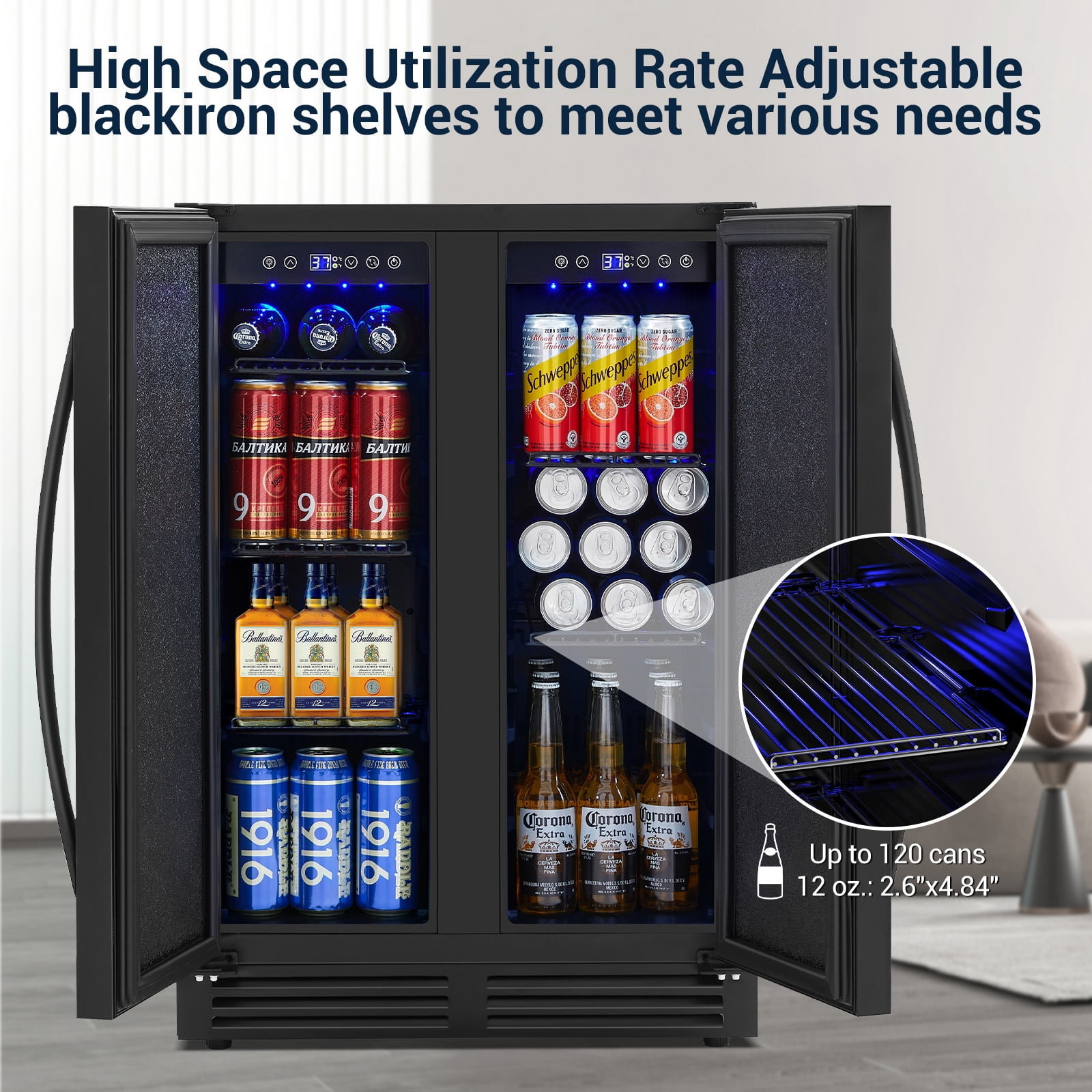 TITTLA Beverage Refrigerator,24 Inch Wide,Dual Zone 120 Cans Built in Wine Fridge Cooler,Double Stainless Steel Doors,Black