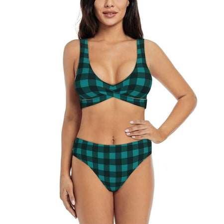 Kdxio Teal On Black Plaid Print Women s 2 Piece High Waisted Wrap Spaghetti Strap Summer Swimsuit Bikini Set-Large