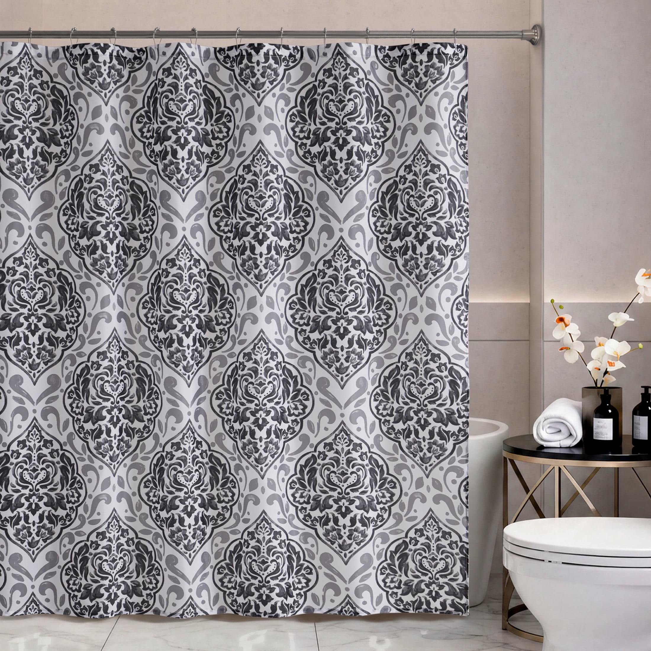 CHI Tana Shower Curtain with Hooks and Rugs Modern Washable 72" W x 72" L 15-Piece Set